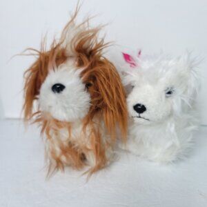 Lot of 2 Brown White Shaggy Fur Puppy Dogs Brown Soft Plush Stuffed Animals Toys
